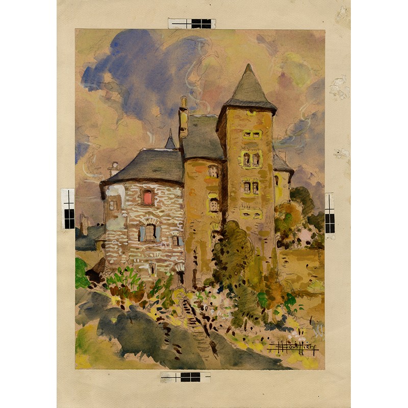 Château d'Uzerche, gouache originale d'Édouard Bouillère, 1952