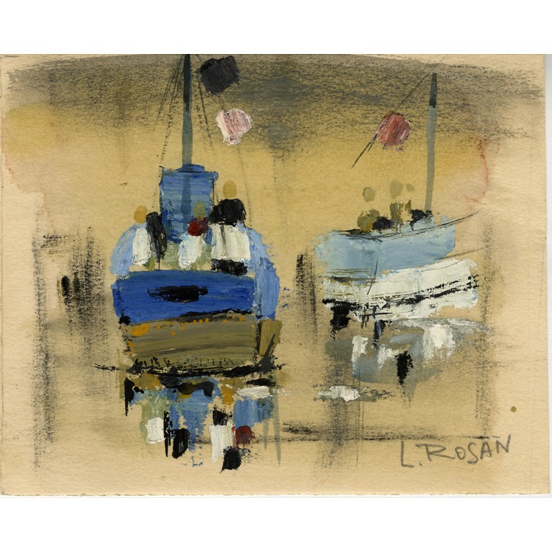 Louis ROSAN (1926), Deux bateaux, gouache et crayon, signé, adressé à Raoul-Jean
Moulin