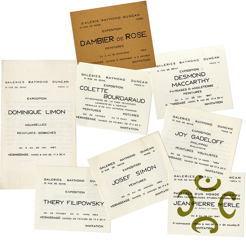 lot de 8 invitations des galeries Raymond Duncan, à Paris, 1964-1967