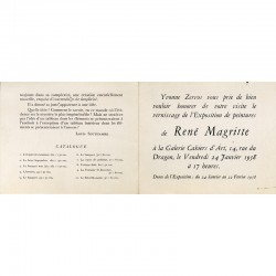 carton d'invitation René Magritte à la galerie Cahiers d'Art, d'Yvonne Zervos, à Paris le 24 janvier 1958