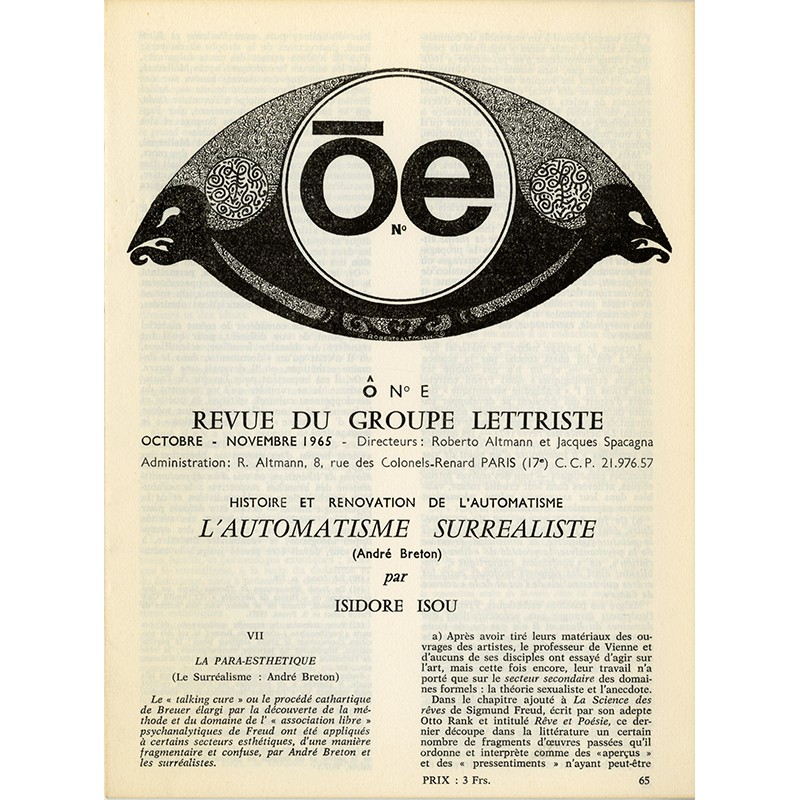 Ô, revue du groupe lettriste numéro E octobre-novembre 1965, texte d'Isou"L'automatisme surréaliste"