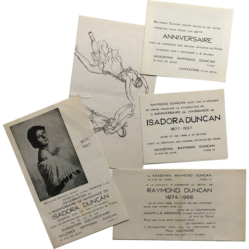 lot de cartons d'invitation de la galerie et Akademia Raymond Duncan concernant Isadora et Raymond Duncan, 1963-1972