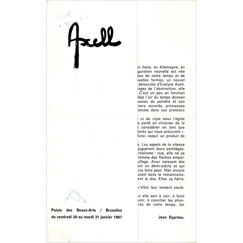 feuillet/catalogue de l'exposition d'Axell, au Palais des Beaux-Arts de Bruxelles, du 20 au 31 janvier 1967