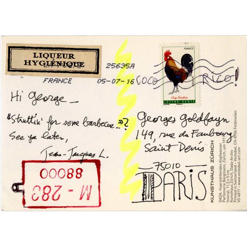 carte postale transformée en œuvre de Jean-Jacques Lebel, adressée à Georges Goldfayn en 2016
