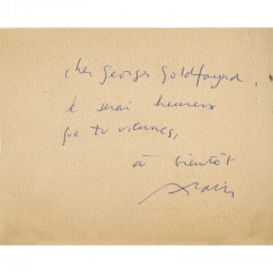 message manuscrit au stylo, adressé à Georges Goldfayn par Alain Jouffroy