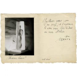 photographie d'une sculpture de Sam Saint-Maur pour une carte de vœux avec message manuscrit à Raoul-Jean Moulin