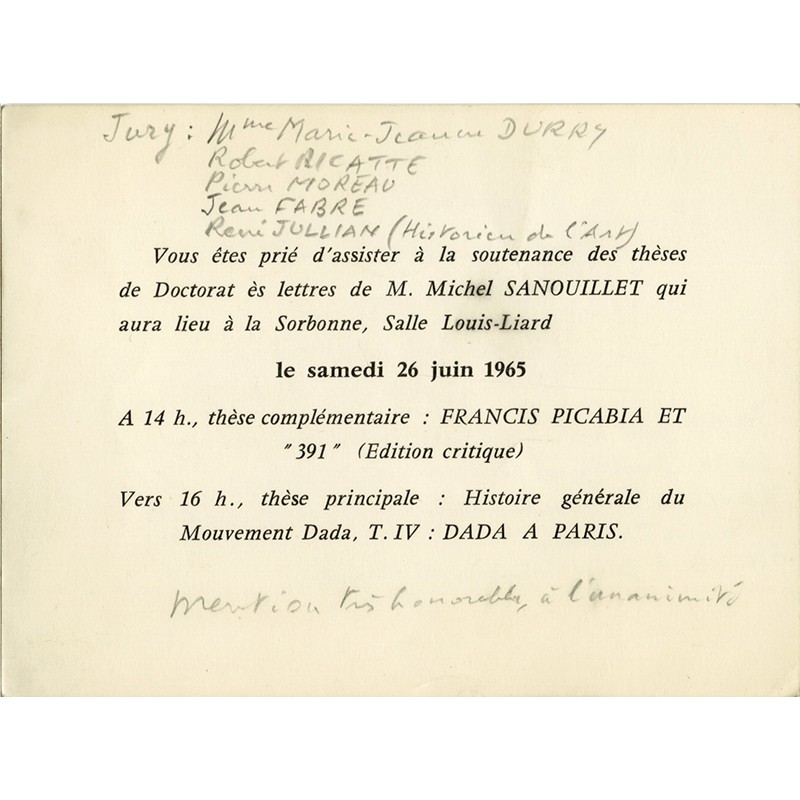 Michel Sanouillet, soutenance de thèses de Doctorat sur Dada, 1965
