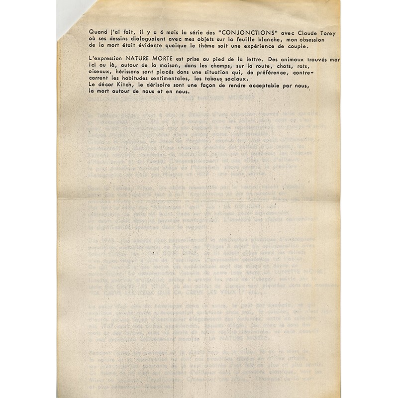 texte de Daniel Spoerri "Quelques indications sur les Natures mortes", à l'occasion de son exposition à la galerie Bama, en 1975