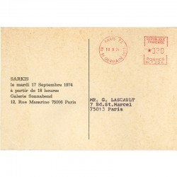 carton d'invitation pour le vernissage de Sarkis à la galerie Sonnabend, à Paris, le 17 septembre 1974