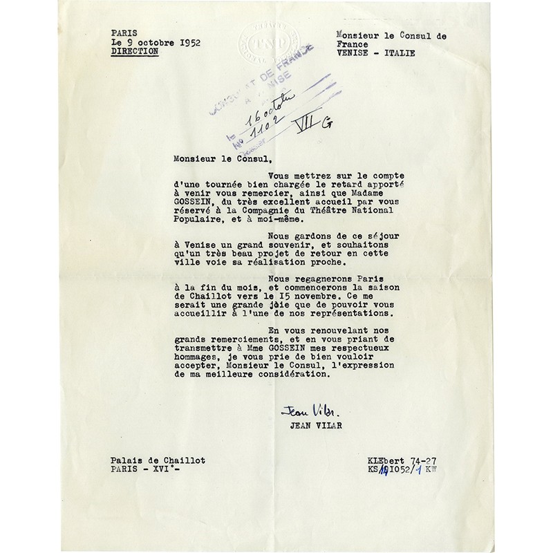 lettre de Jean Vilar adressée à Gérard Gaussen, alors ambassadeur à Venise, 9 octobre 1952