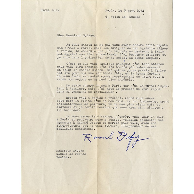 lettre de Raoul Dufy adressée à Gérard Gaussen, alors ambassadeur à Venise, 8 août 1952