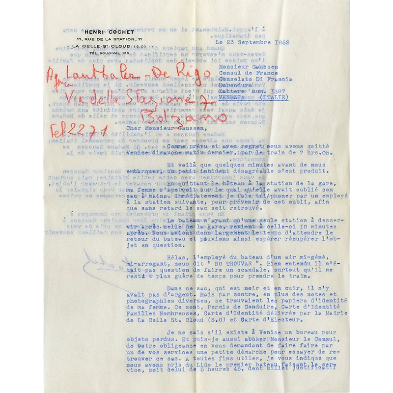 lettre d'Henri Cochet,  23 septembret 1952