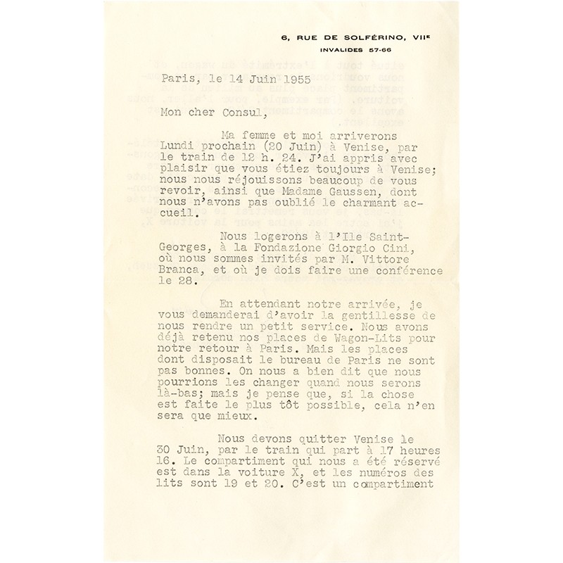 lettre dactylographiée de Jules Romain, à Gérard Gaussen, consul à Venise, 1955