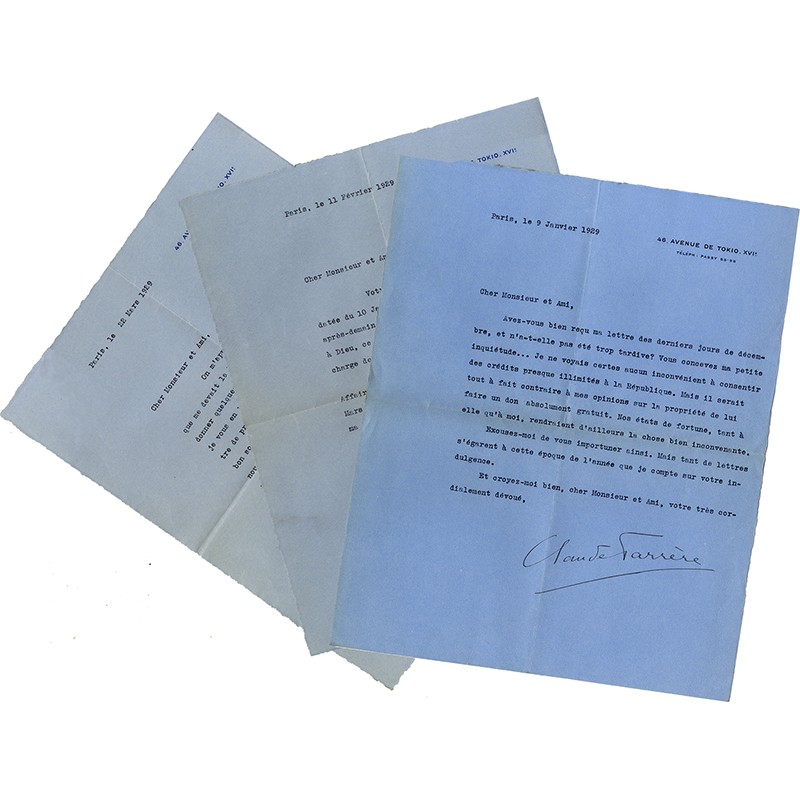 lot de 3 lettres de l'écrivain Claude Farrère adressées au consul Édouard Gaussen, en 1929