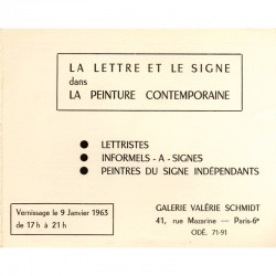 invitation pour "La Lettre et le Signe", Galerie Valérie Schmidt, 1963