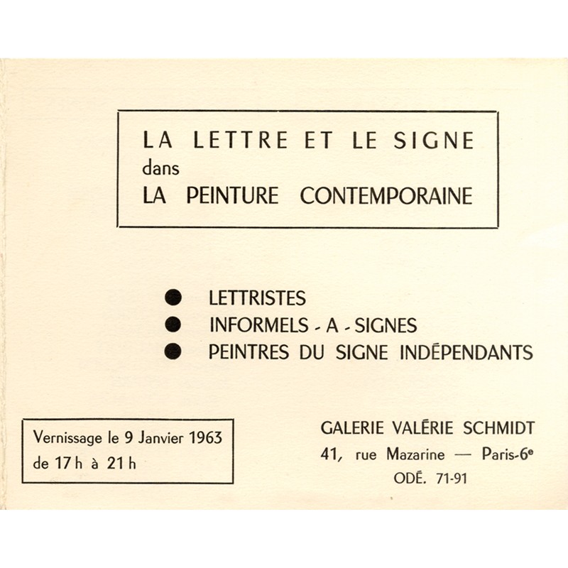 invitation pour "La Lettre et le Signe", Galerie Valérie Schmidt, 1963