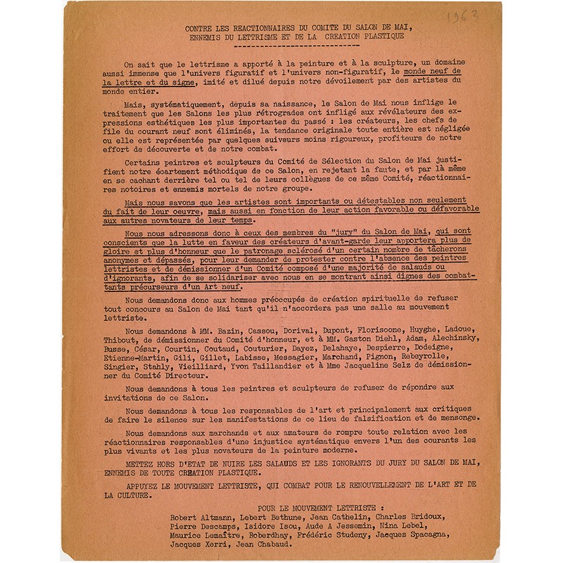 tract lettriste, Contre les réactionnaires du comité du Salon de Mai, 1963
