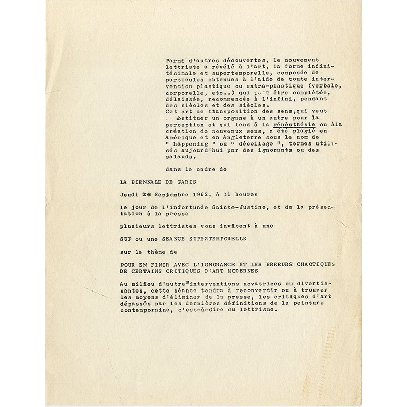 tract lettriste "Pour en finir avec l'ignorance et les erreurs chaotiques de certains critiques d'art moderne", 1963