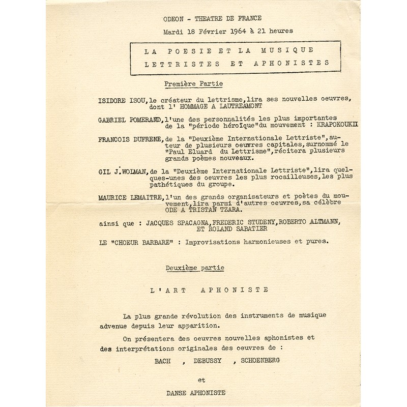 La poésie et la musique lettristes et aphonistes, Odéon, 1964, programme