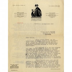 lettre sur papier à en-tête de la maison de haute couture Jeanne Lanvin
