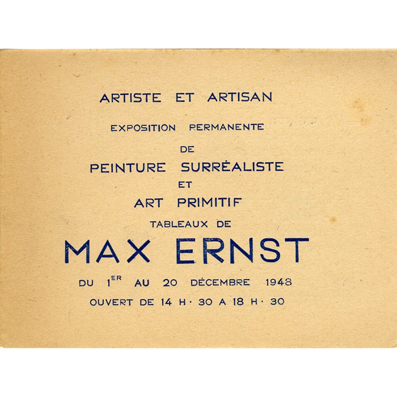 recto du carton d'invitation pour l'exposition Max Ernst, galerie "Artiste et Artisan" de Simone Collinet