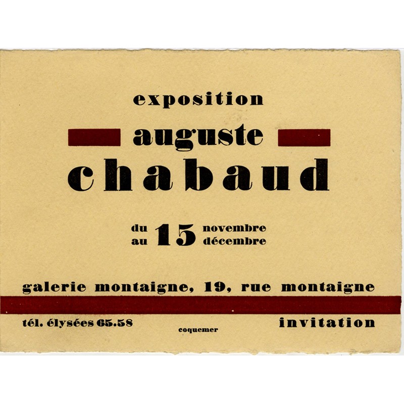 carton d'invitation pour l'exposition de Auguste Chabaud à la galerie Montaigne, à Paris, du 15 novembre au 15 décembre 1928