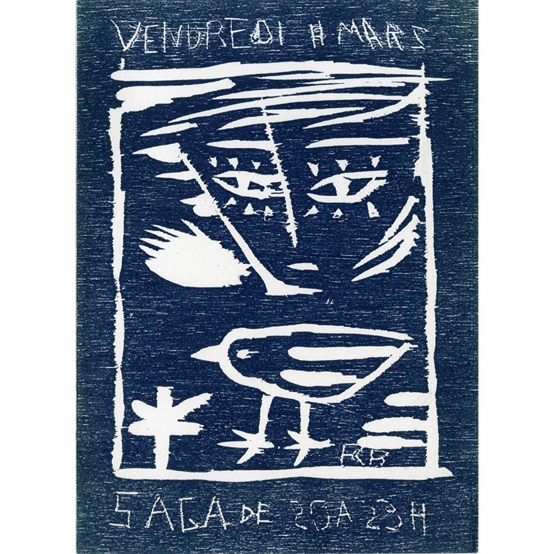 carton d'invitation, bois gravé de François Boisrond, SAGA, le salon des arts graphiques actuels, le vendredi 11 mars 1988