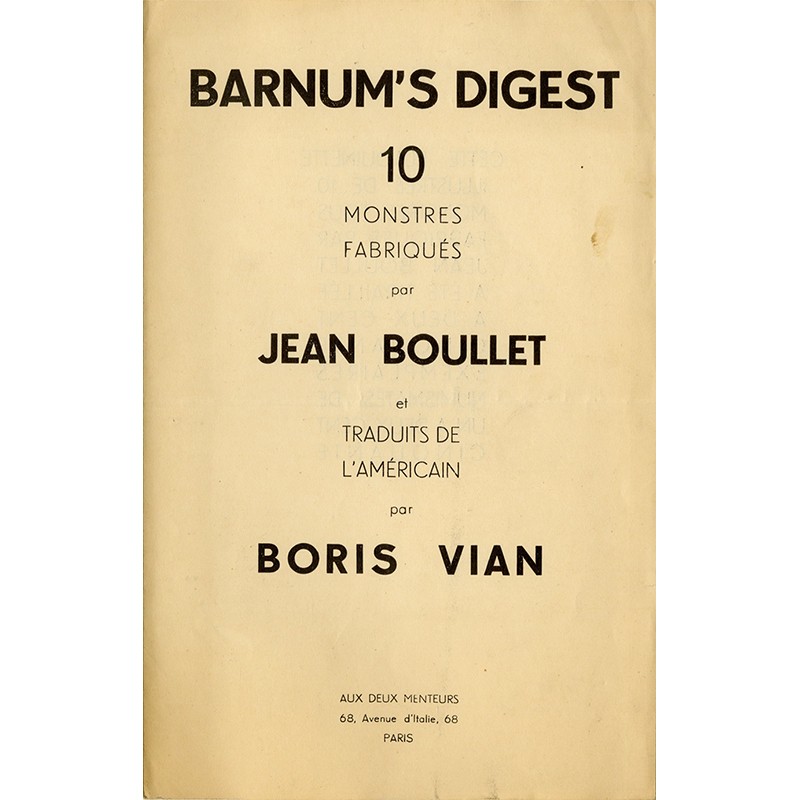 prospectus de lancement du livre "Barnum's Digest", Boris Vian illustrés par Jean Boullet, 1948