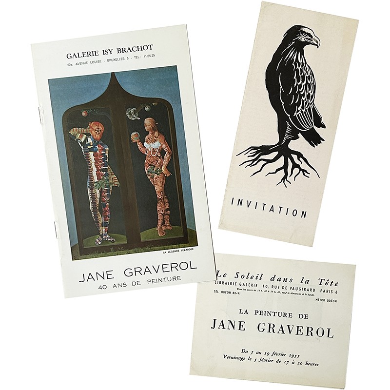 lot de 3 cartons d'invitation pour des expositions de Jane Graverol, 1955-1968