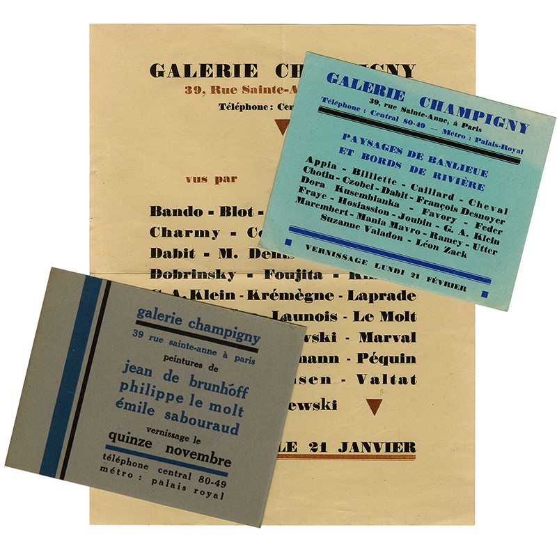 3 cartons d'invitation de la galerie Champigny, à Paris (1926-1927