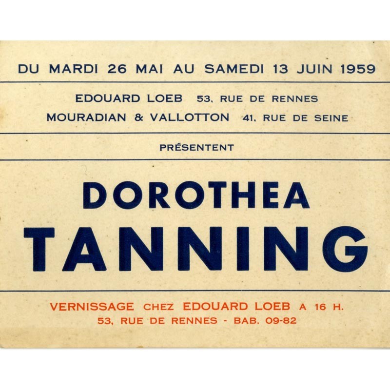 recto du carton d'invitation pour l'exposition Dorothea Tanning, galerie Édouard Loeb