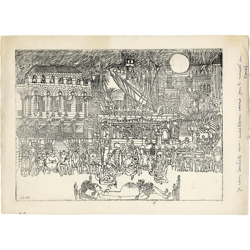 épreuve d'artiste d'une gravure de Cihat Burak, envoyée comme carte de voeux à Raoul-Jean Moulin, s.d. épreuve d'artiste d'une gravure de Cihat Burak, envoyée comme carte de voeux à Raoul-Jean Moulin, s.d.