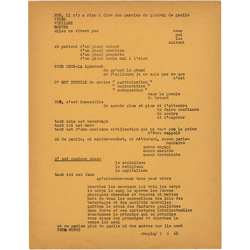 tract d'Henri Chopin "Non, il n'y a rien à dire des paroles du général de Gaule" du 9 juin 1968