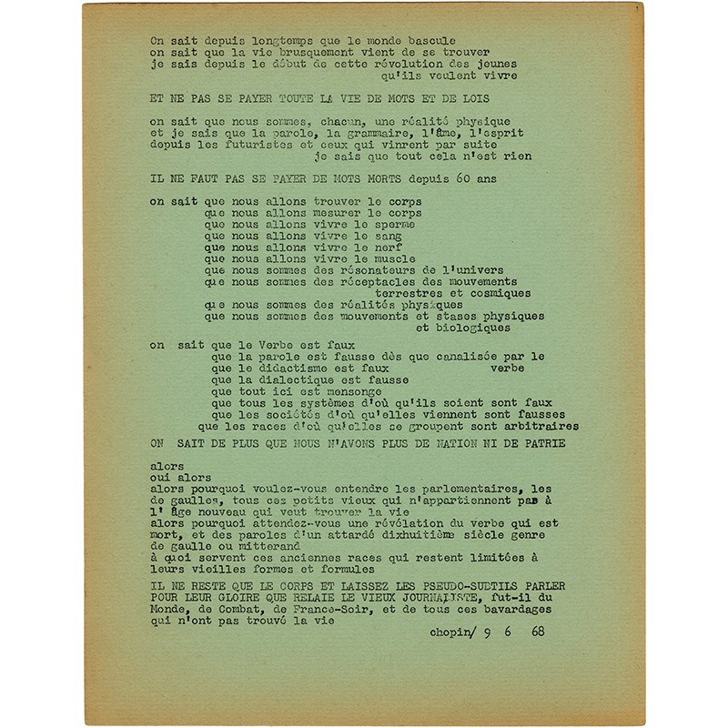 tract d'Henri Chopin "On sait depuis longtemps que le monde bascule" du 9 juin 1968