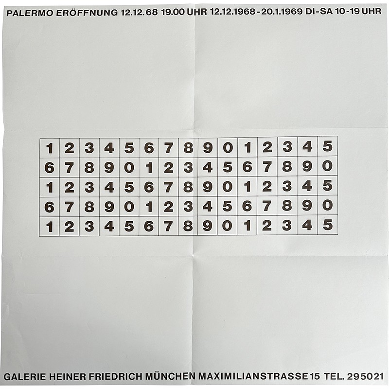 affiche/invitation au vernissage de l'exposition de Blinky Palermo à la galerie Heiner Friedrich, à Munich, le 12 décembre 1968 affiche/invitation au vernissage de l'exposition de Blinky Palermo à la galerie Heiner Friedrich, à Munich, le 12 décembre 1968