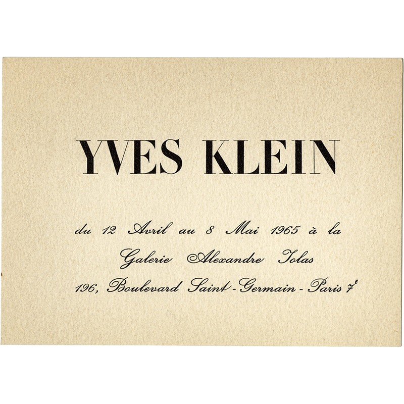 carton d'invitation pour l'exposition d'Yves Klein, à la galerie Alexandre Iolas, à Paris, du 12 avril au 8 mai 1965