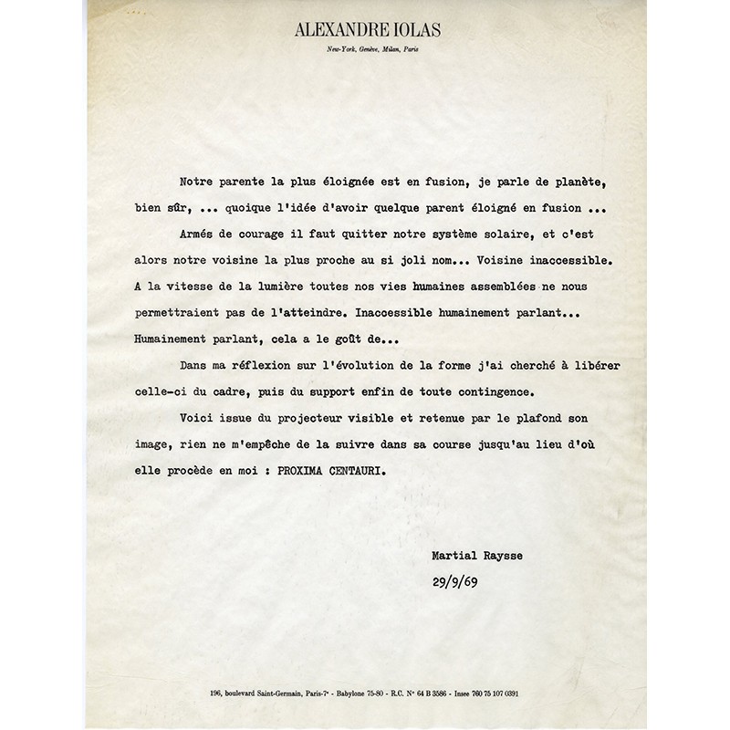 feuillet distribué pendant l'exposition de Martial Raysse "Proxima Parada", à la Galleria Iolas, en 1969