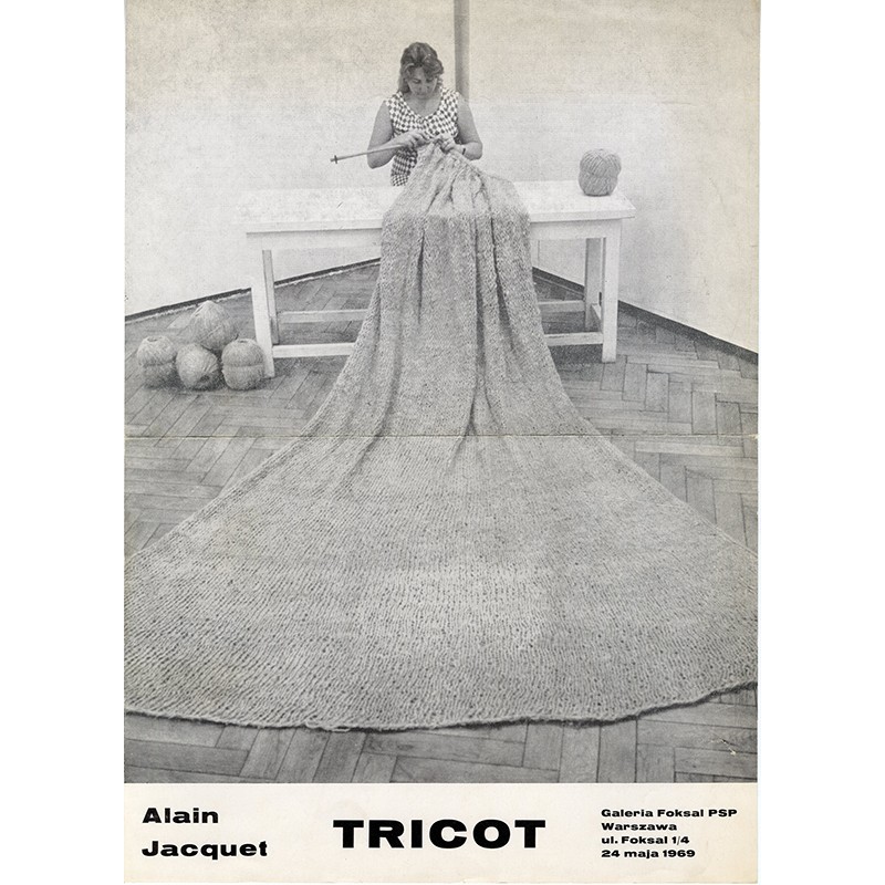 feuillet distribué pendant l'exposition-performance d'Alain Jacquet "Tricot", à la Galeria Foksal, à Varsovie, en mai 1969