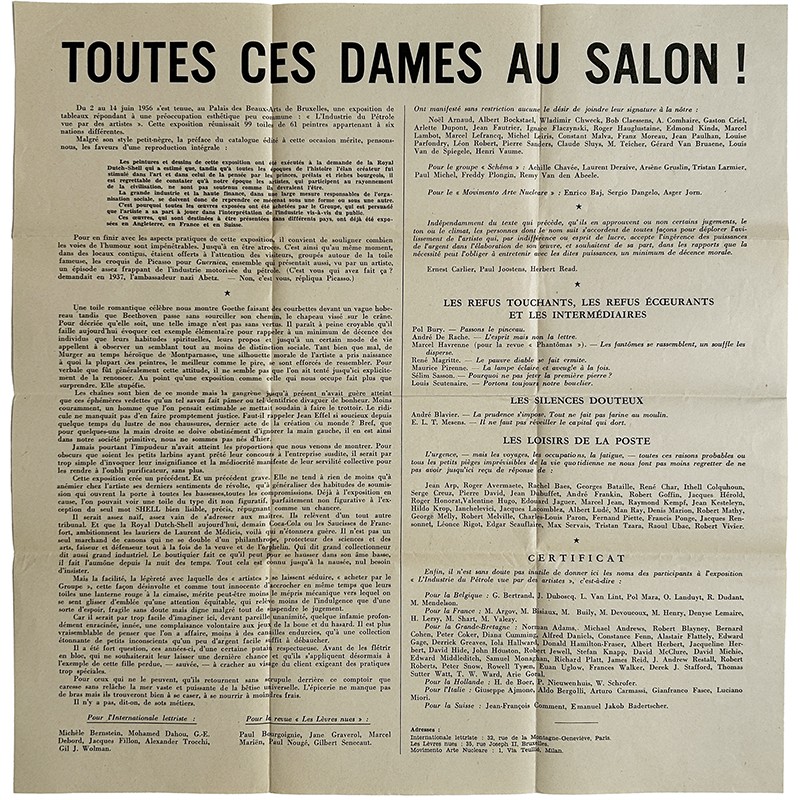 tract "Toutes ces dames au salon"signépar l'Internationale lettriste et la revue belge "Les Lèvres nues", juin 1956