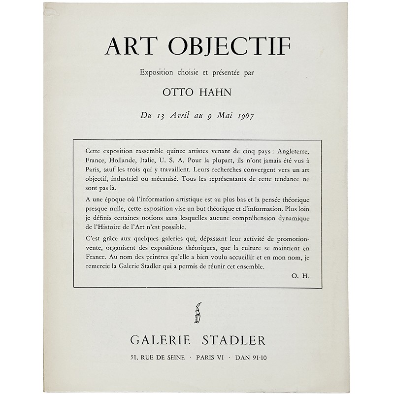 plaquette/catalogue de l'exposition "Art objectif" organisée par Otto Hahn à la galerie Stadler, à Paris, 1967