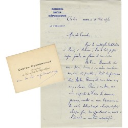 lettre et carte de visite adressées par Gaston Monnerville, président du Conseil de la République, à Gérard Gaussen,  1952