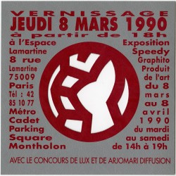 invitation de Speedy Graphito, imprimée en sérigraphie sur une carte PVC, avec découpe au centre, 1990