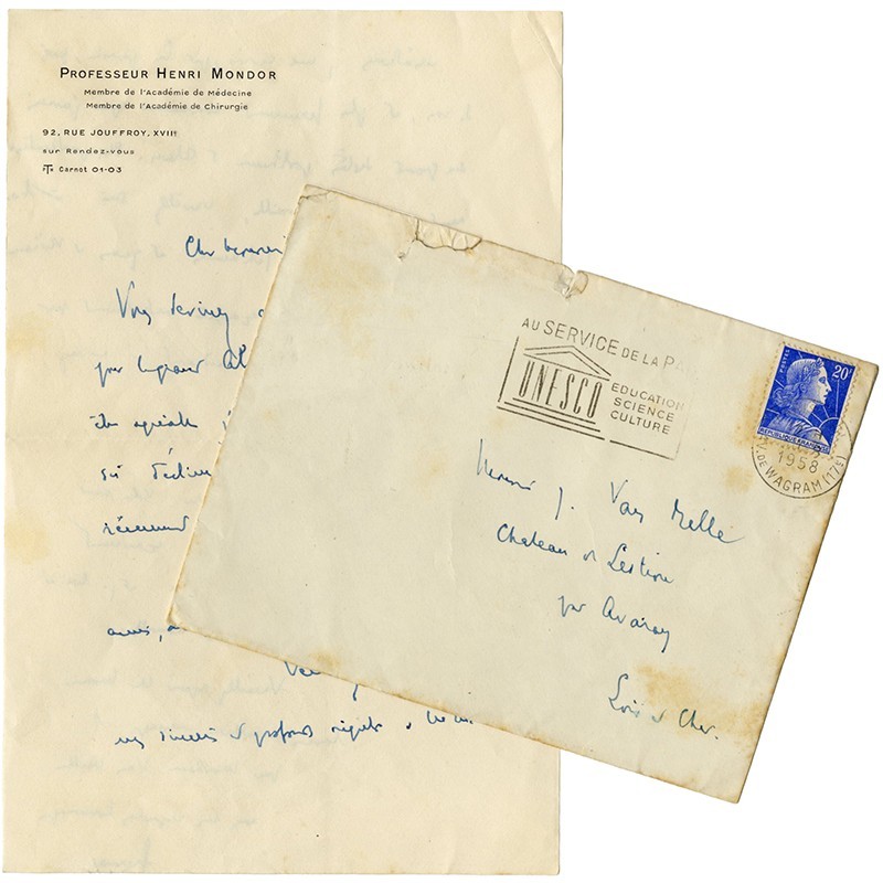 lettre adressée par le professeur Henri Mondor à Joseph Van Melle, directeur de  l'hebdomadaire "Toute l'édition", 1958