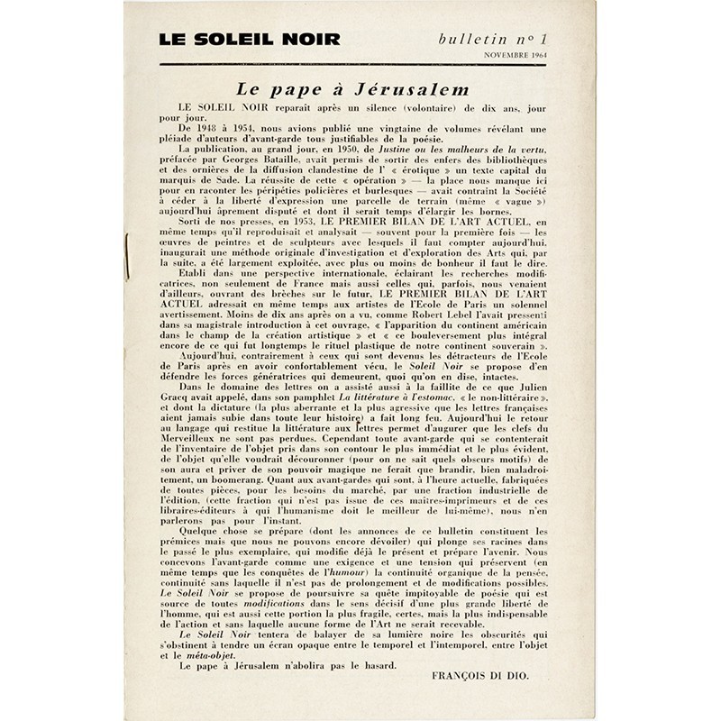 bulletin Le Soleil Noir n°1, François Di Dio, 1964