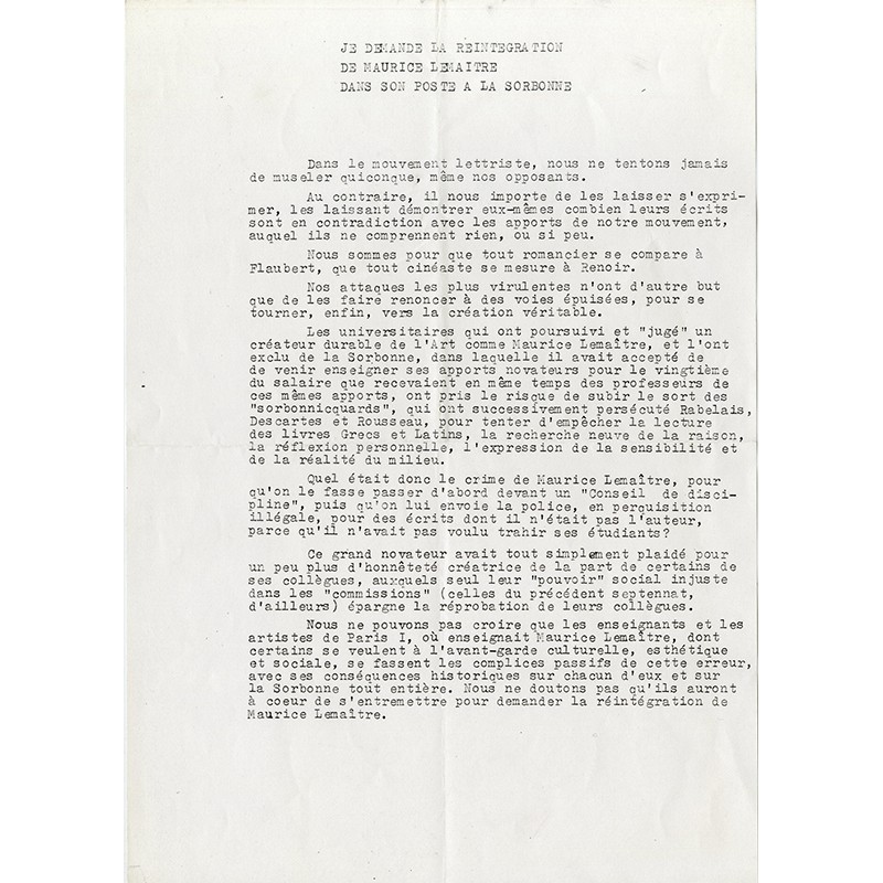 Tract de Maurice Lemaître "Je demande la réintégration de Maurice Lemaître dans son poste à la Sorbonne" ca 1978