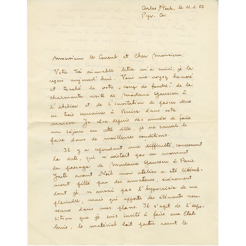 lettre adressée par le peintre László (dit Lancelot) Ney à Gérard Gaussen, consul à Venise, en janvier 1956
