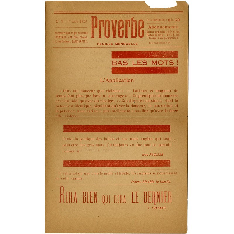 3e numéro de la revue éphémère dadaïste "Proverbe" dirigée par Paul Éluard, 1920