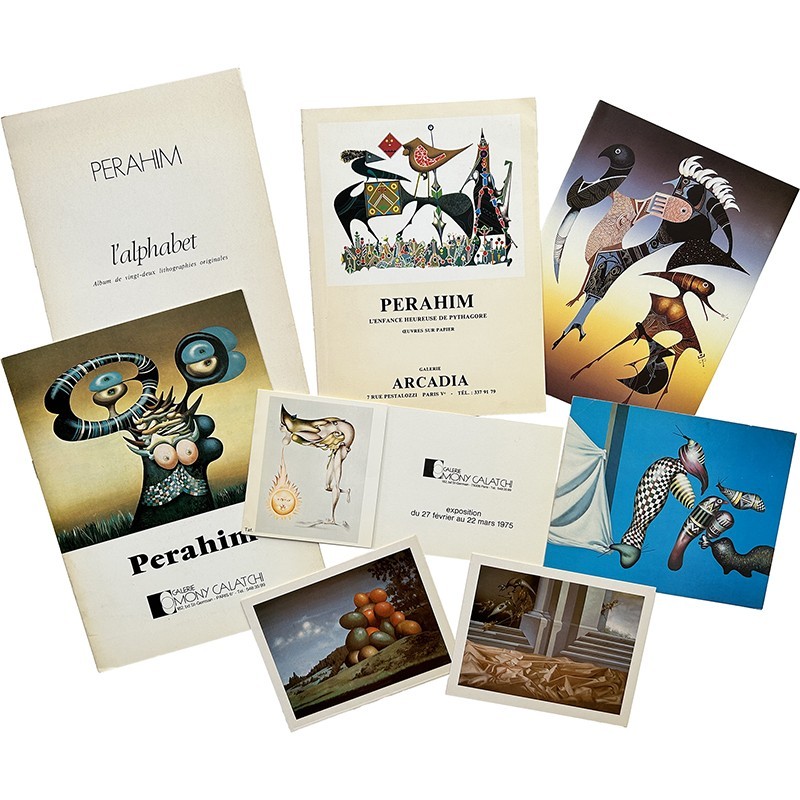 lot de documents de Jules Perahim (invitations,  plaquettes d'exposition,  cartes postales) 1973-1993