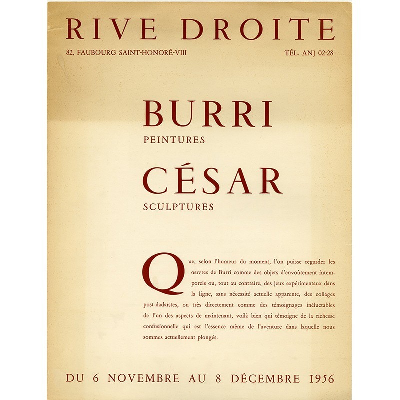 César, Burri, Galerie Rive Droite, textes de Michel Tapié et Alain Bosquet, 1956