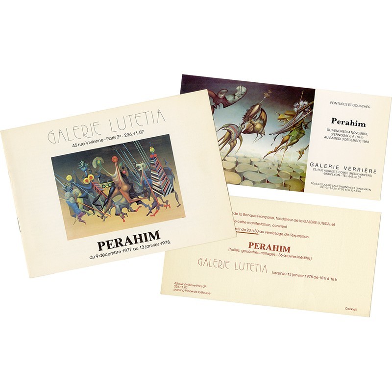lot de documents de Perahim (invitations et plaquette d'exposition), galerie Lutetia, en 1978, et galerie Verrière, en 1983